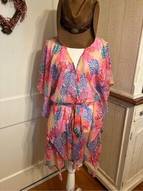 Multicolor Coral-Print Pink Tie-Waist Swim Coverup